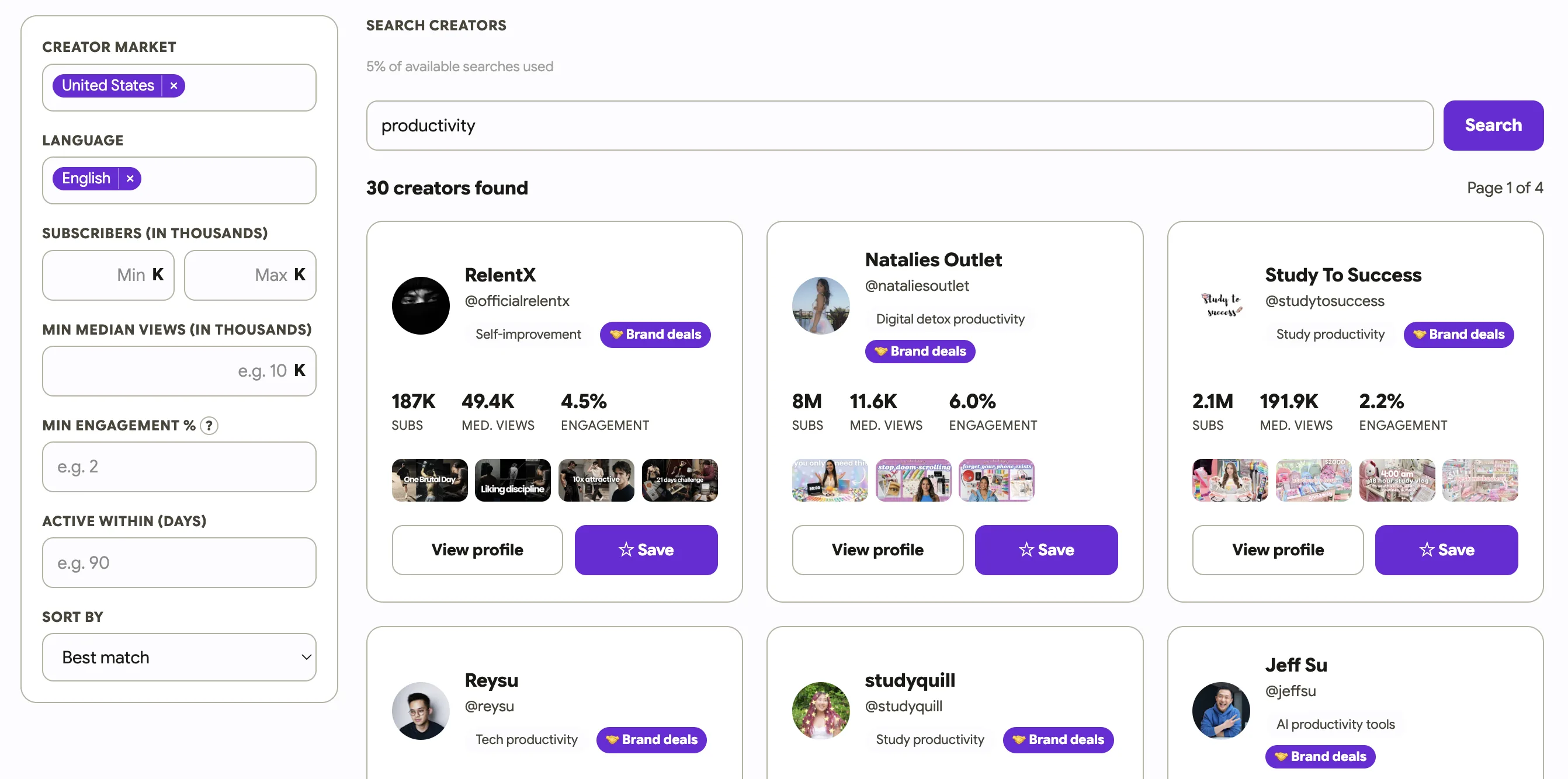 Creator discovery — search and filter YouTube creators by market, language, subscribers, views, and engagement